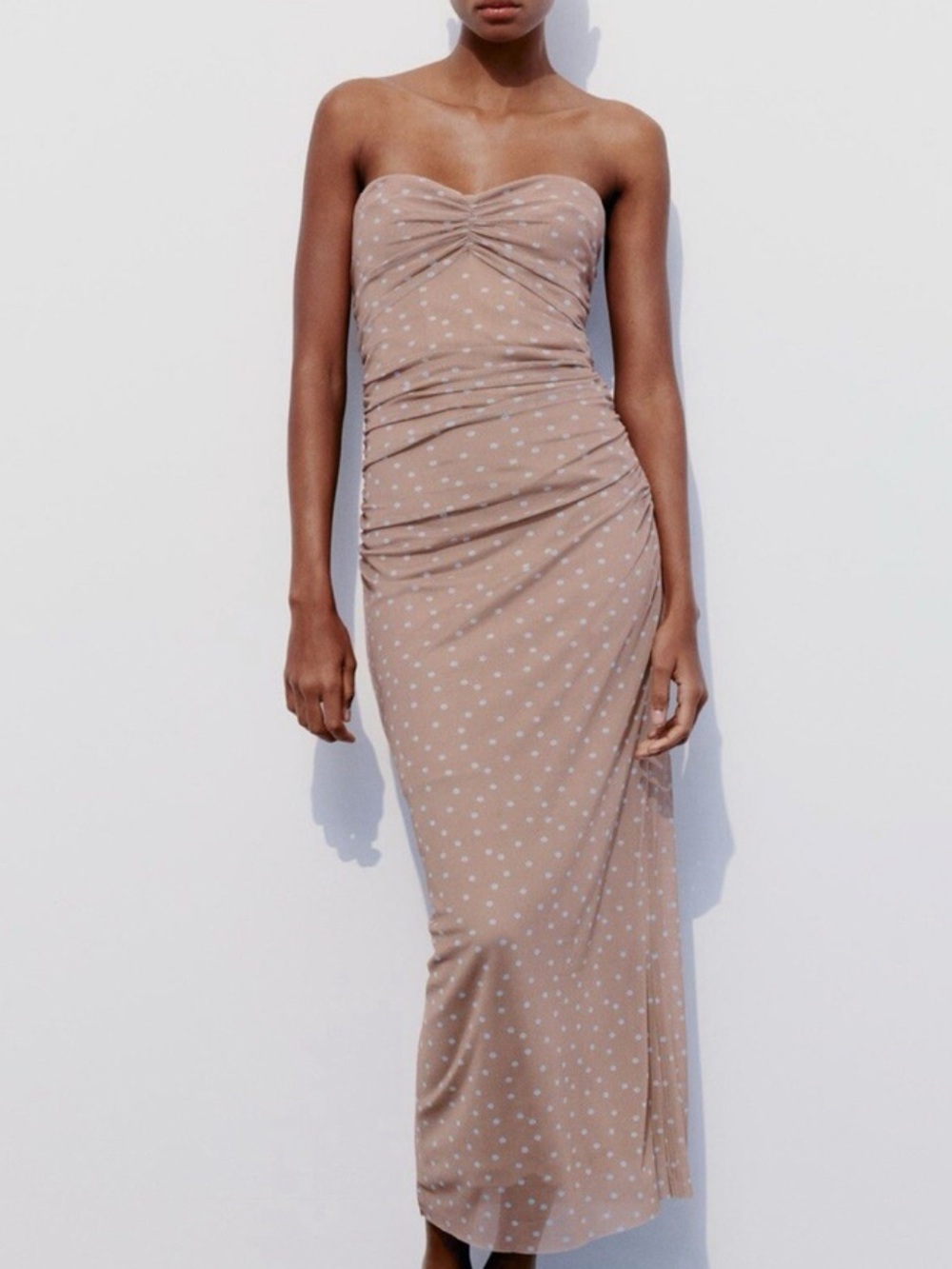 Zara Strapless Taupe Dress with White Polka Dots